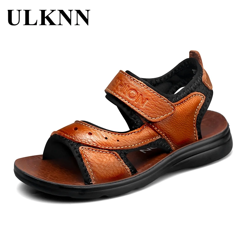 ULKNN Children's Genuine Leather Sandals Boy's Breathable Beach Catwalk Shoes For Boys Outdoor Sports Trending Kids Sandals