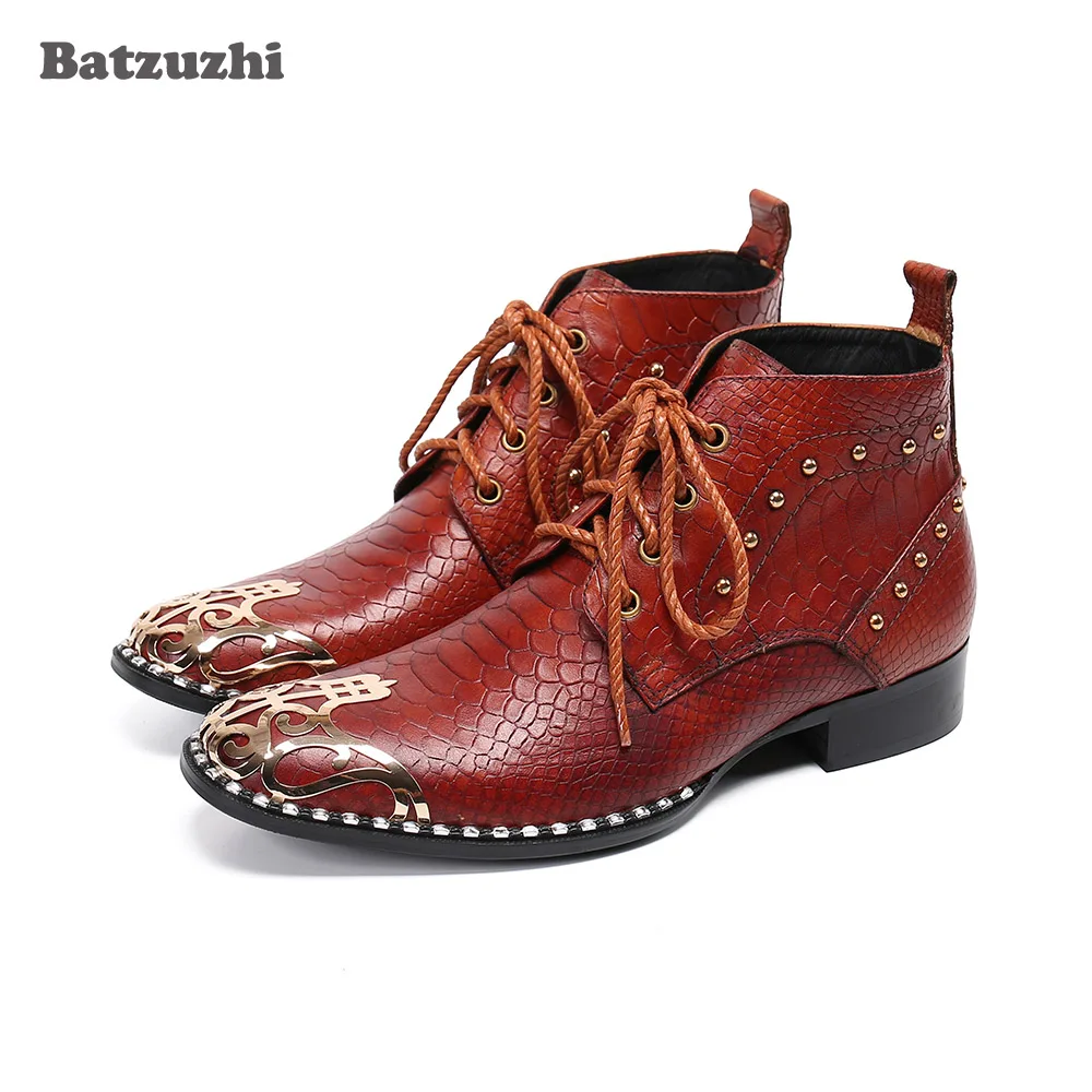 

Batzuzhi Metal Toe Genuine Leather Ankle Boots Western Men's Boots Shoes Lace-up Rock Runway/Party/Business Botas Hombre