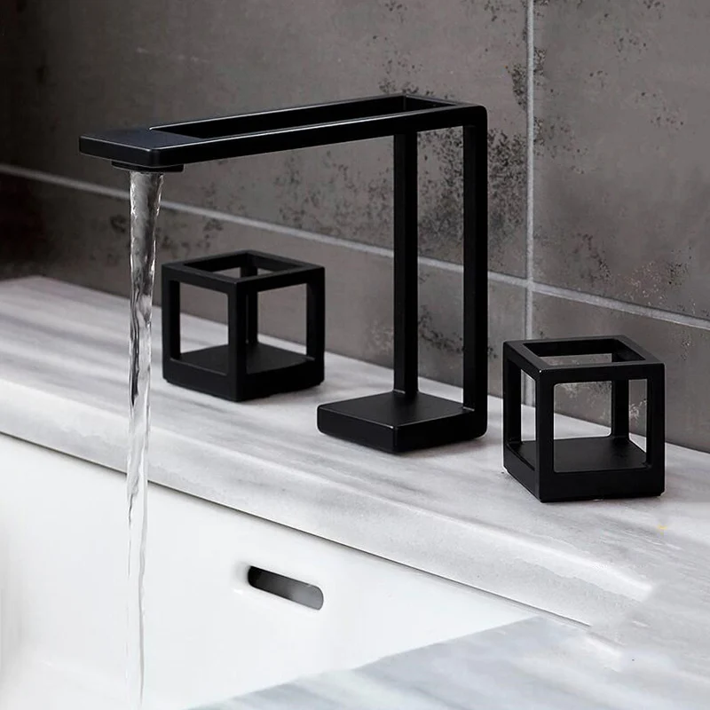 New Design Bathroom Faucet Matte Black Square Grid Sink Water Tap 3 Holes Separate Deck Mounted Hot & Cold Basin Water Mixer