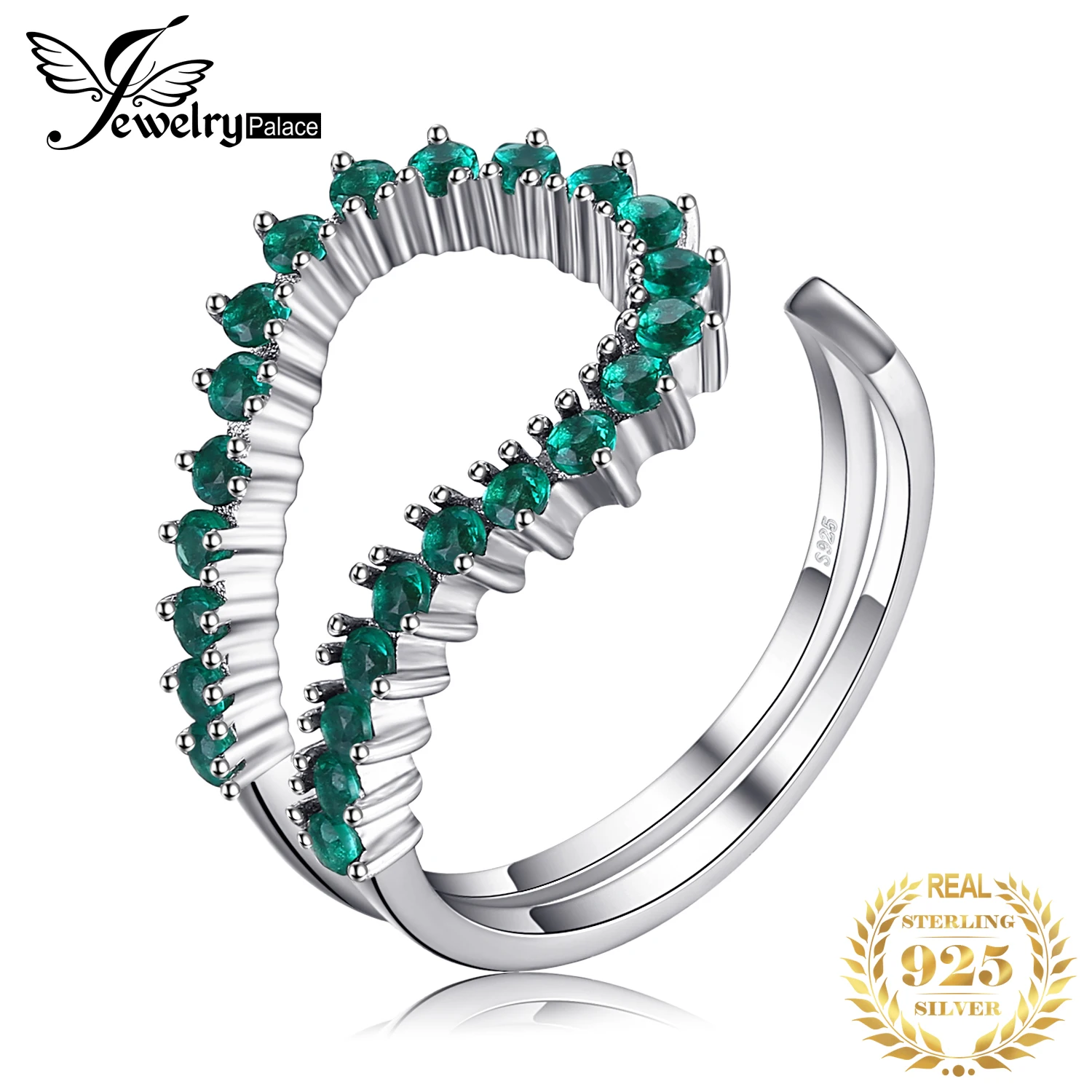 JewelryPalace Simulated Nano Emerald 925 Sterling Silver Open Adjustable Ring for Women Statement Green Gemstone Fine Jewelry