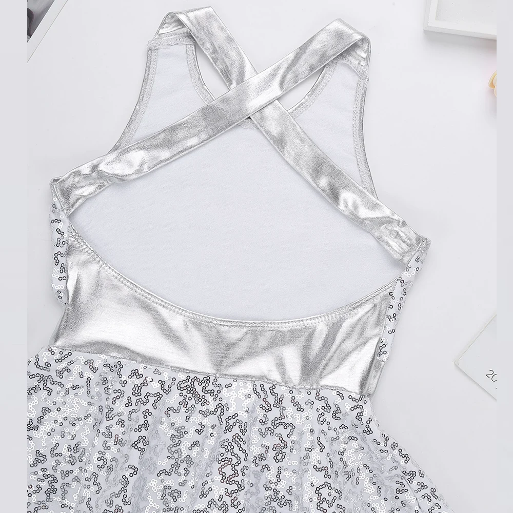 Girls Jazz dance dress Ballet Dance Leotard Dress Modern Tap Dance Sleeveless Sequined Criss Cross Back Waist Bowknot dress kids