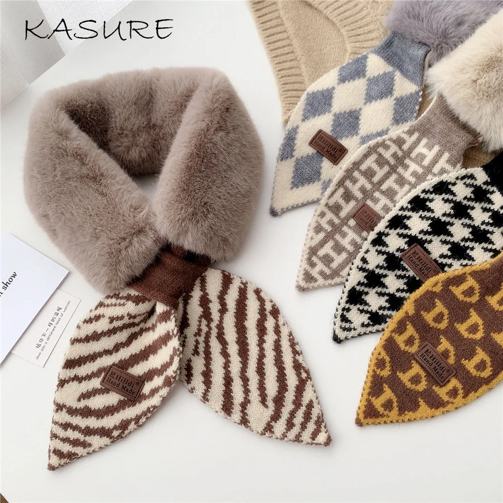 Kasure Faux Fur Collar Neck Warmer Scarves for Women 2020 New Autumn Winter Fashion Crochet Solid Color Knitted Heart Bow Scarf