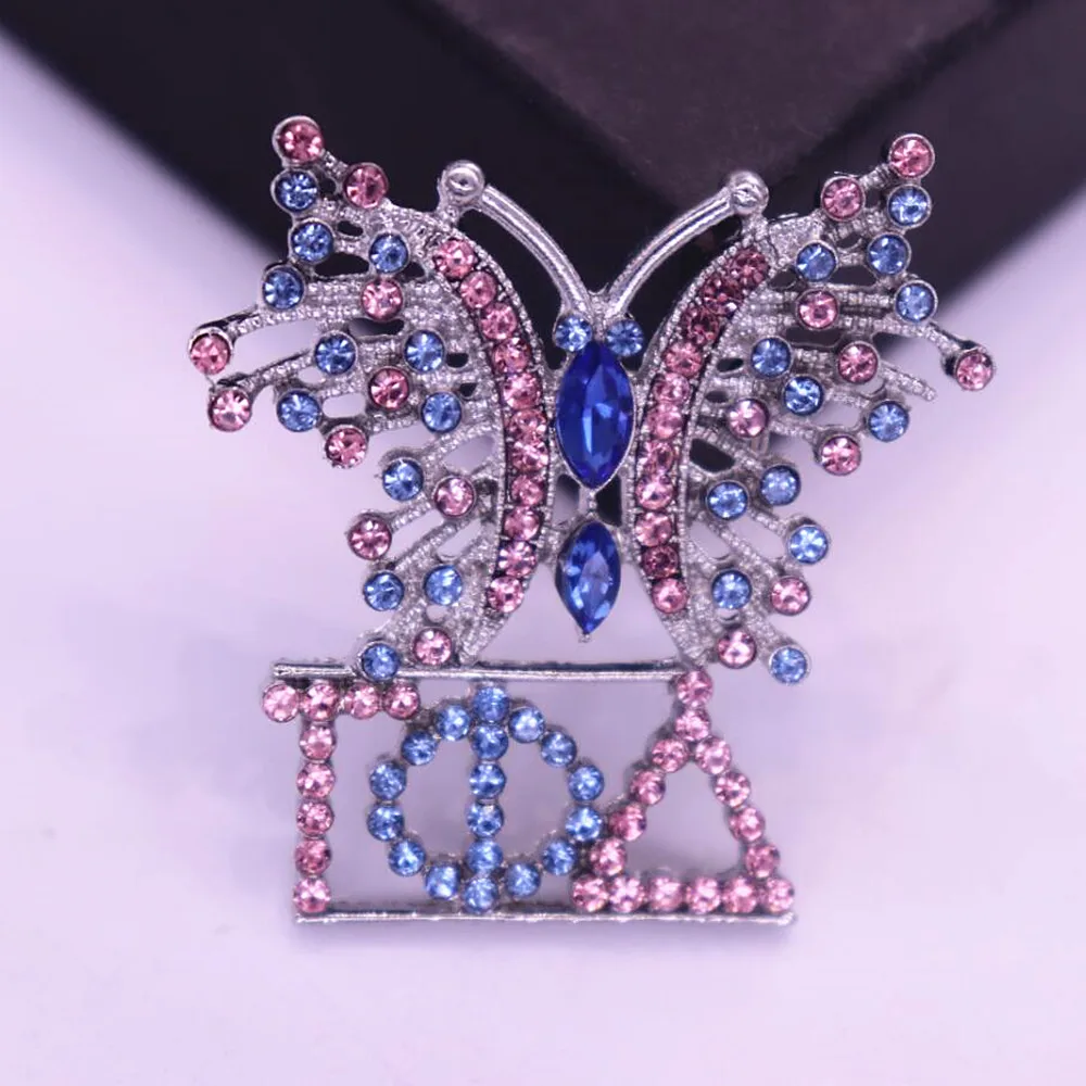 Sorority Womenhood Pink Blue Crystal Butterfly Greek Letters Gamma Phi Delta Brooch Pin Organization Jewelry