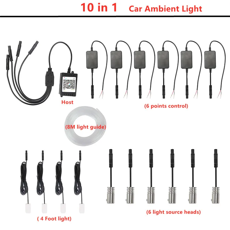 

14x RGB Car Interior Optical Fiber Strip Ambient Light APP Bluetooth Control Atmosphere Lamp Wireless Standalone Connection Unit