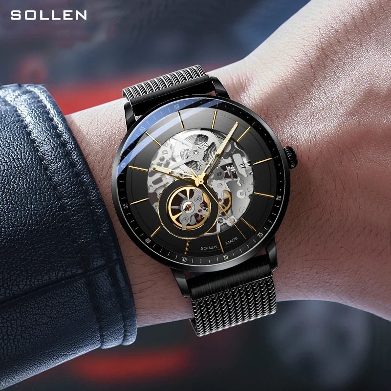 Switzerland Luxury Brand SOLLEN Automatic Mechanical Men‘s Watches Waterproof Dual Skeleton Luminous Hands Steel Clock SL316