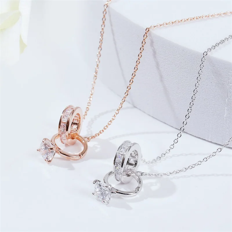 Romantic Inlaid AAA Zircon Necklace For Women Choker Clavicle New Fashion Wedding Jewelry Gift Double Circle Pendant Necklaces