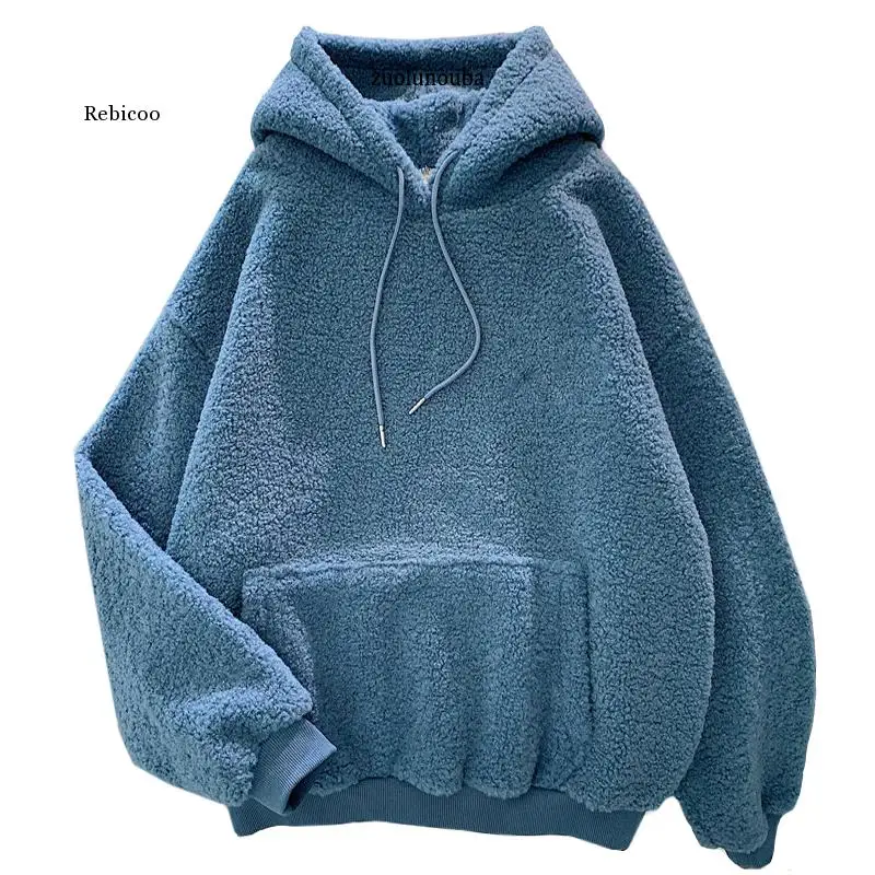 

new Autumn Winter Thick Warm Coat Velvet Cashmere Women Hoody Sweatshirt Solid Blue Pullover Casual Tops lady Loose Long Sleeve