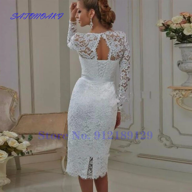 Abiti da sposa abiti da sposa corti in pizzo Vintage maniche lunghe lunghezza tè guaina collo alto gioiello abiti da sposa Robe De Mariée