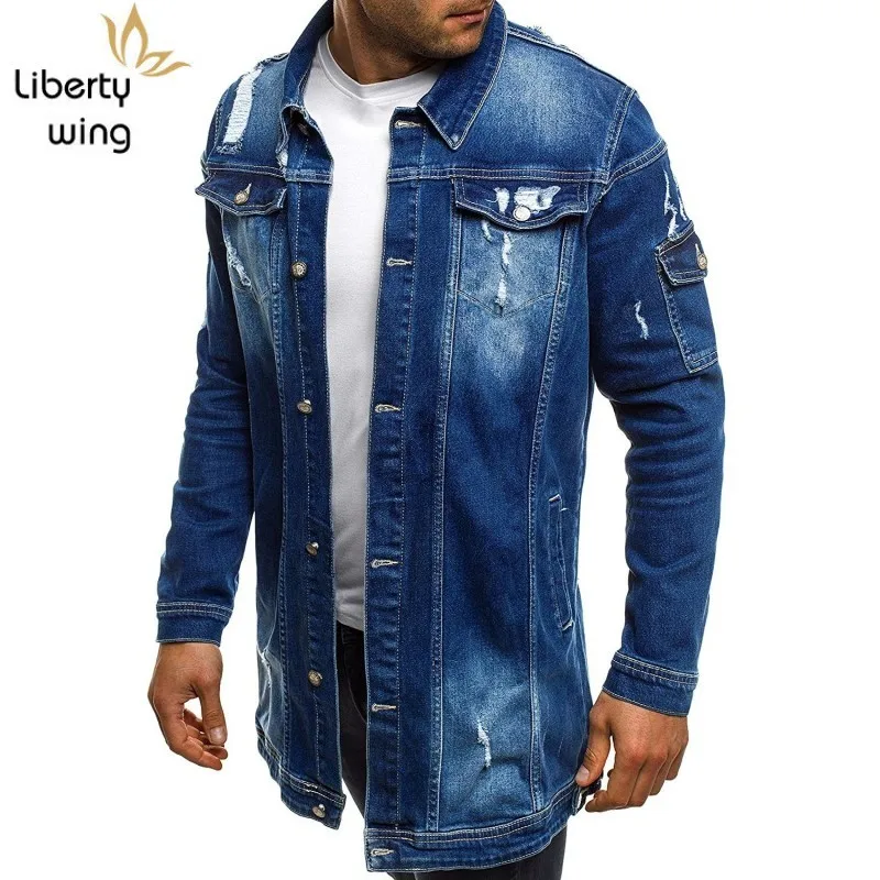 Autumn New Mens Long Denim Single Breasted Slim Fit Casual Mid Hole Ripped Cowboy Coat Safari Style Male Jean Jacket 3XL