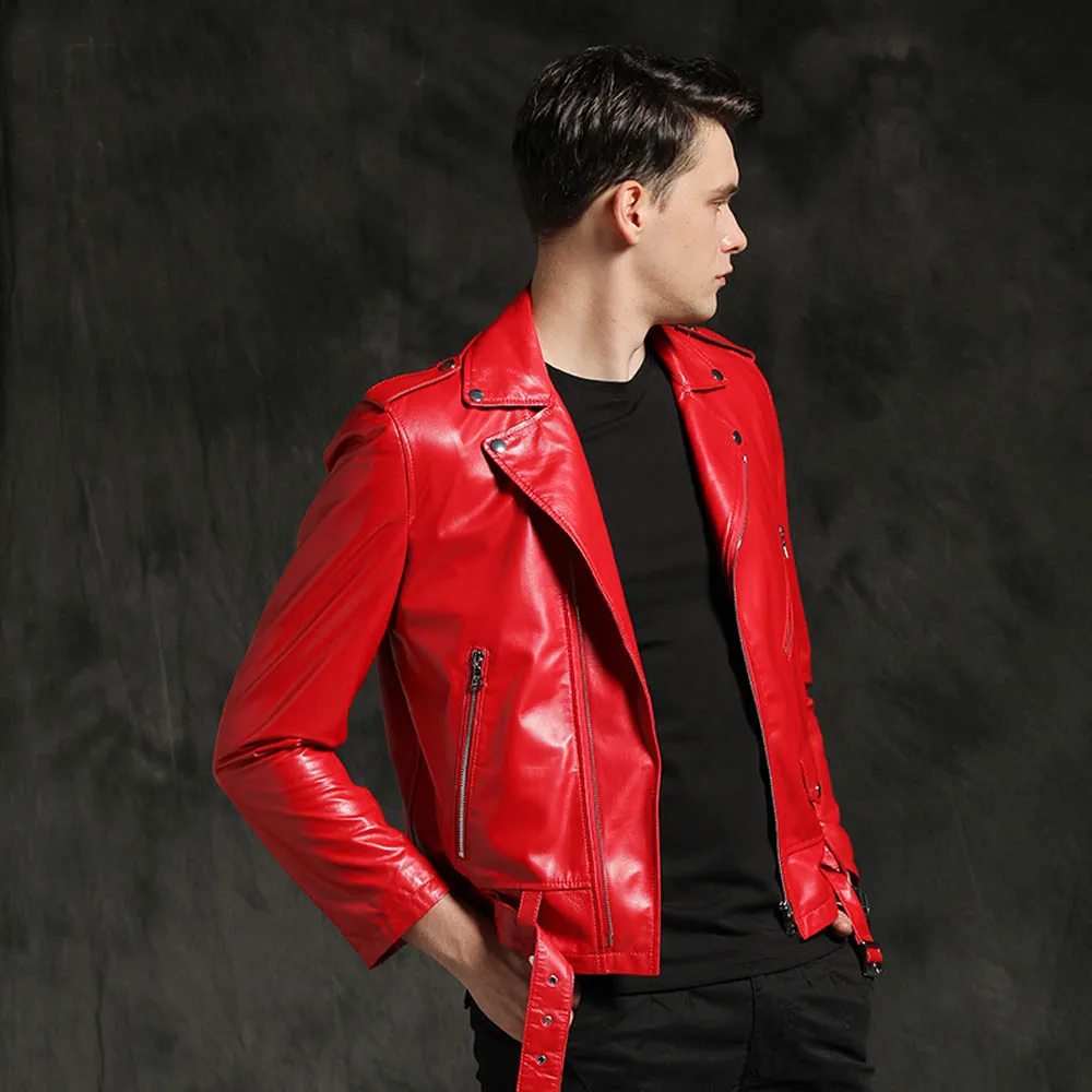 New Fashion Red Sheepskin Genuine Leather Jacket Men Spring Autumn 100% Natural Sheepskin Leather Clothing