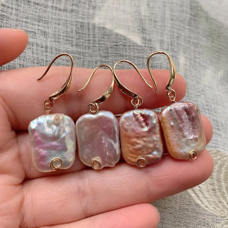 Elegant Real Natural Freshwater Pearl Dangle Earrings for Women Rainbow Shiny Irregular Rectangle Biwa Baroque Pearl Earrings