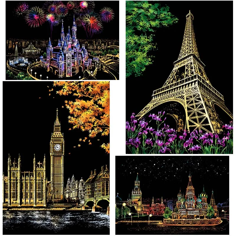 New Creative Magic Scratch Art Crafts World Landscape Scraping Paintings Paper Adult decompression DIY Toys For Kids Toys Gifts