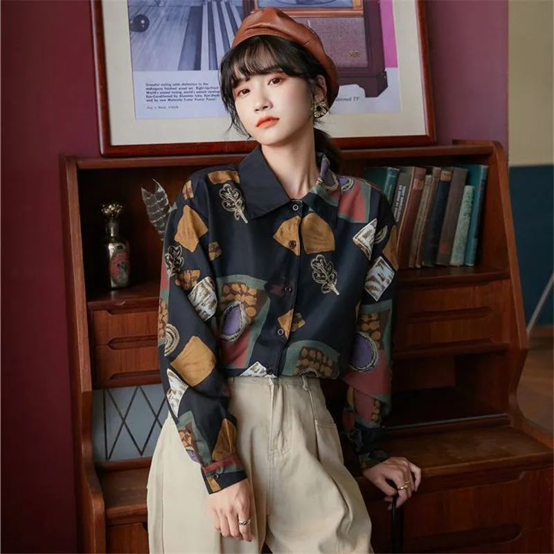 New Fashion Women Loose Chiffon Long Shirt Sleeve Vintage Print Women\'S Elegant Blouses Female Casual Tops Blusas Mujer Tunics