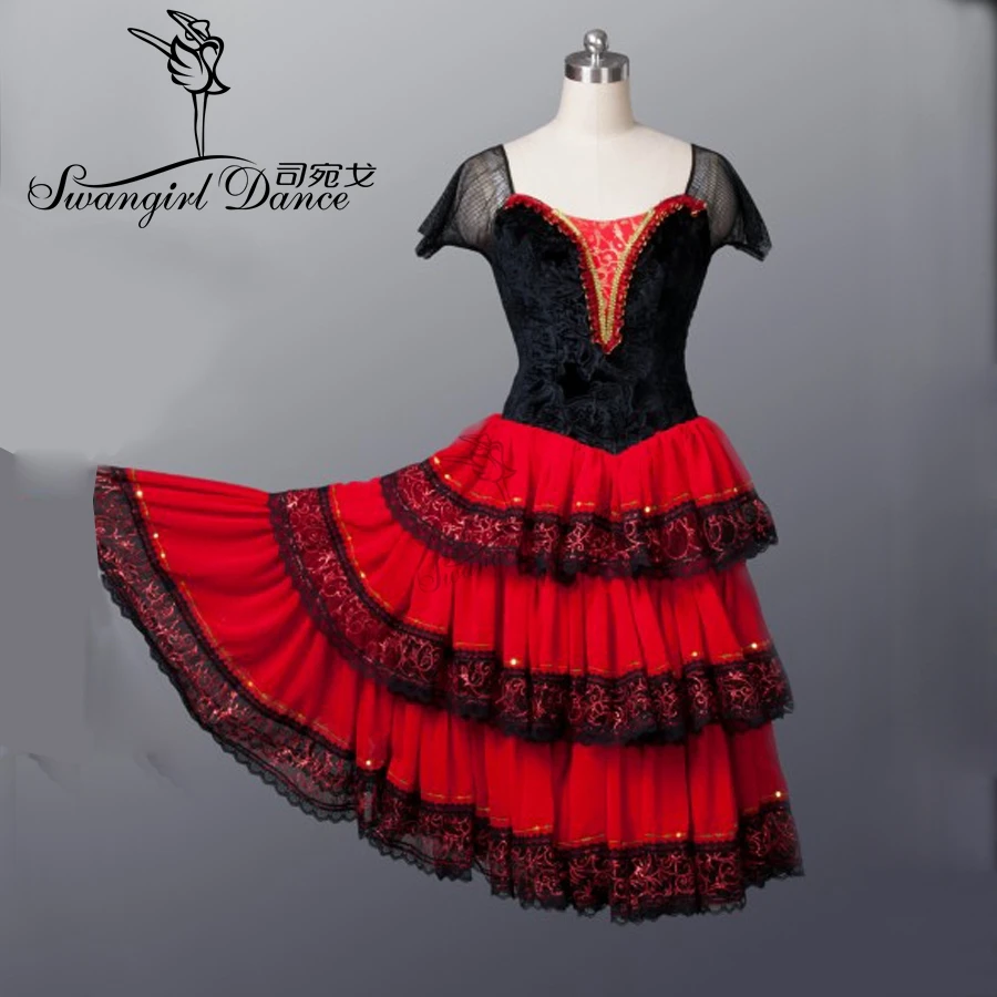 Robe de tutu de ballet romantique pour femme, adulte, rouge, noir, espagnol, tauromachie, professionnel, scène, 303 BT8994