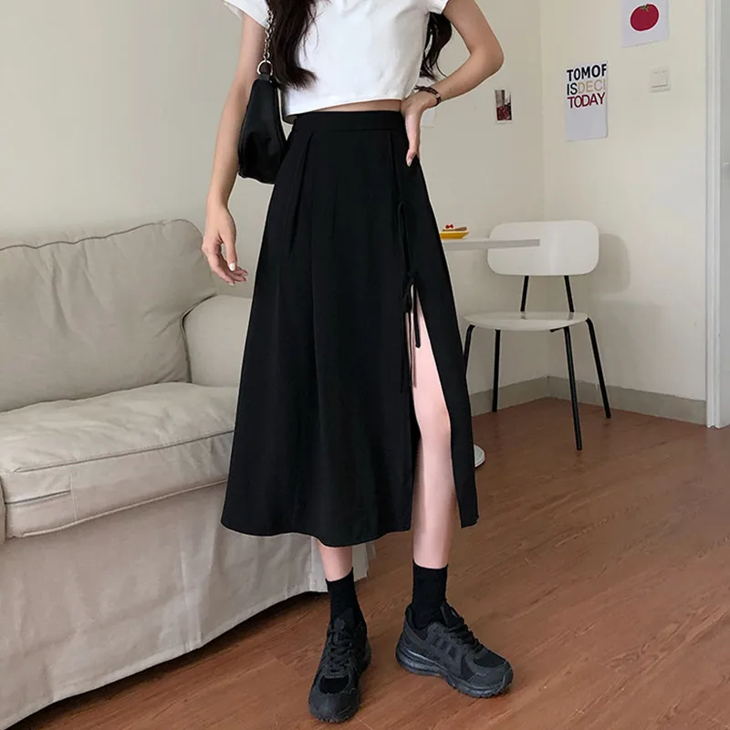 

SML high waist Long Skirts Woman 2022 summer solid color sexy A-line black Skirts womens (71056)