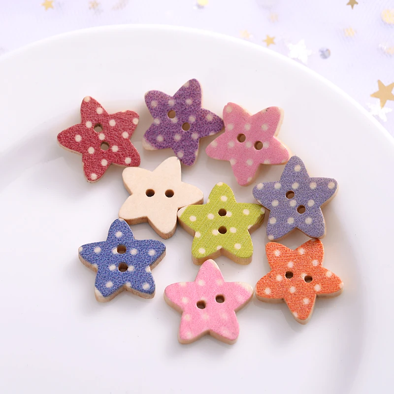 50Pcs Five-Pointed Star Shape Wooden Sewing Buttons Cute Mixed Color Dot Pattern Button For DIY Dolls Crafts Garment Accessories