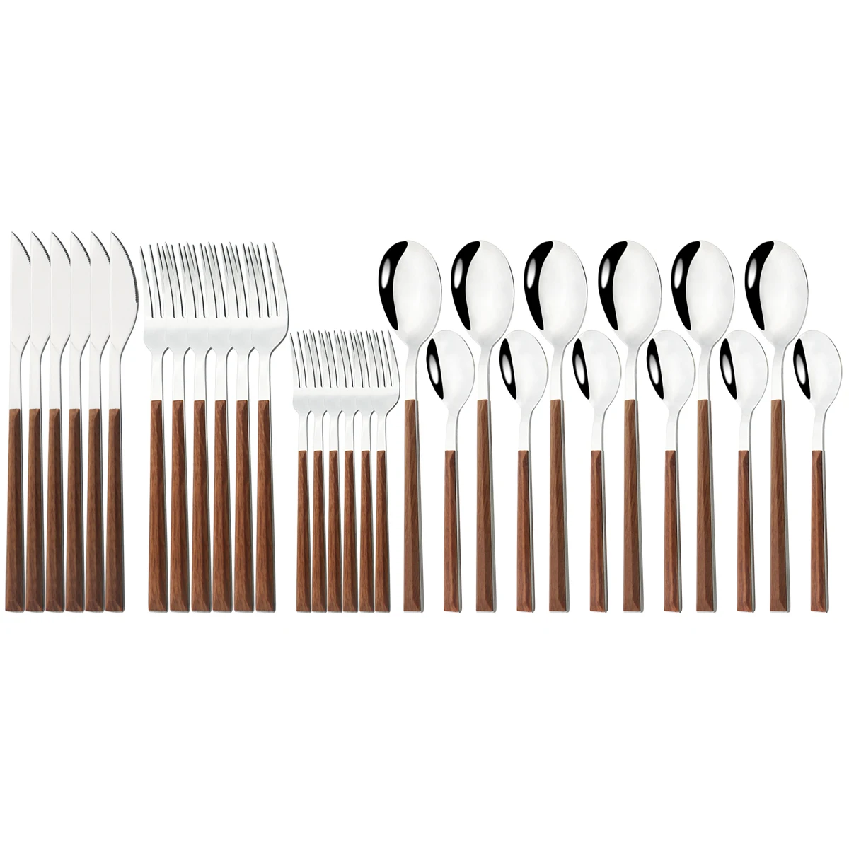 

6Pcs/Set Wooden Handle Dinnerware Stainless Steel Cutlery Set Knife Fork Dessert Spoon Flatware Set Kitchen Silverware Tableware