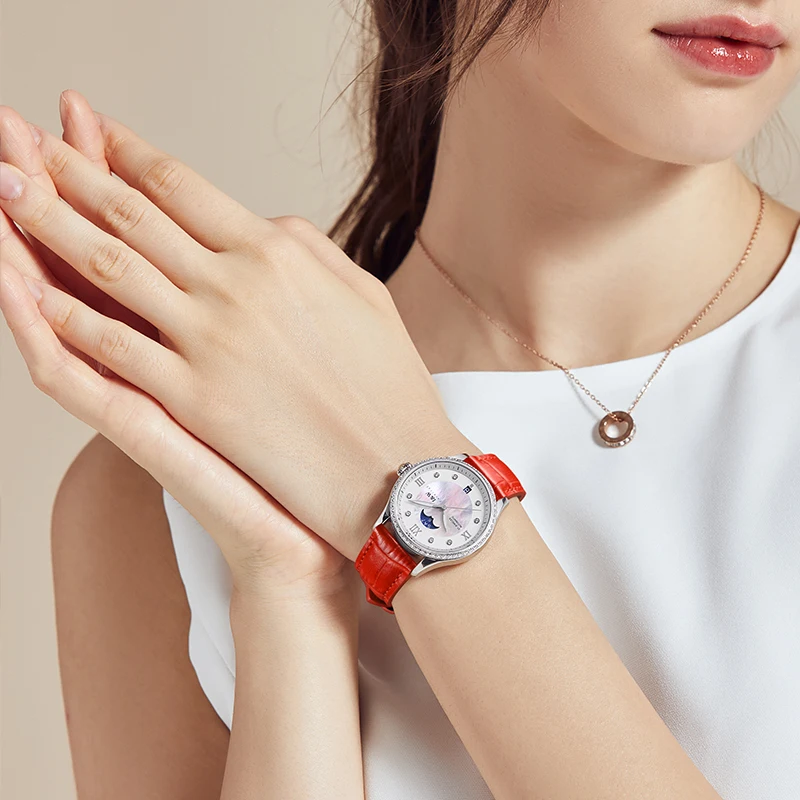 Imagem -02 - Reloj Mujer Suíça i & w 2023 Nova Mulher Relógio Mecânico Safira Calendário Pulseira de Couro à Prova Impermeável Água Relógio Automático para Mulher