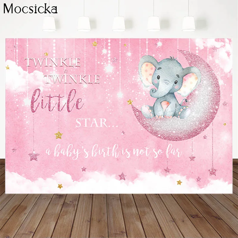 귀여운 코끼리 베이비 샤워 배경 핑크 로즈 골드 문 장식 사진 배경 반짝임 작은 별 배너 배경