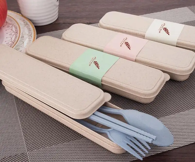 Exquisite Health Environmental Wheat Platycodon Straw Cutlery Set Portable Camping Tablewarel Spoon Fork Chopsticks Custom Logo