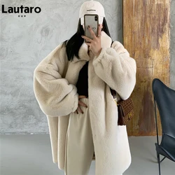 Lautaro Winter Long Oversized Warm Soft Fluffy Faux Fur Coat Women Drop Shoulder Long Sleeve Casual Loose Korean Fashion 2021