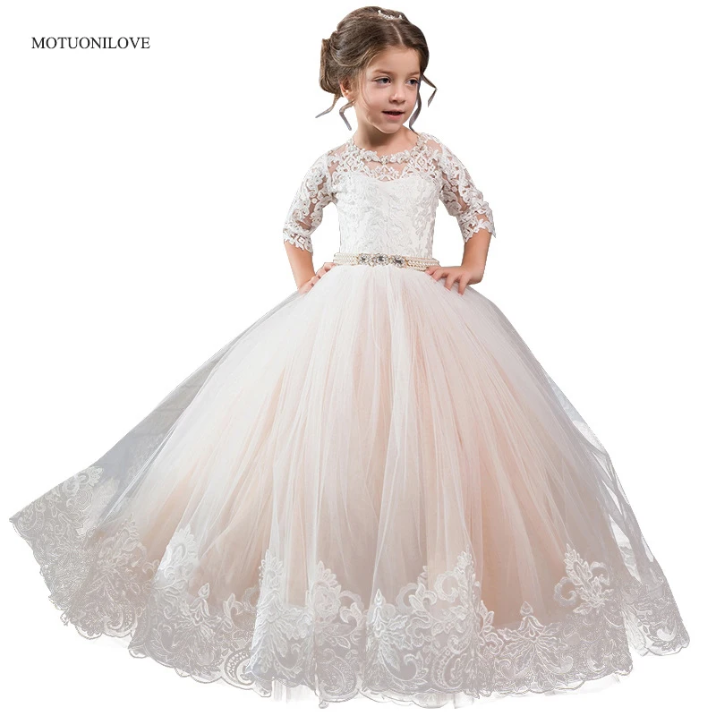 

Flower Girl Dresses For Weddings Blush Pink 2024 Girl Party Dresses Pearls Belt Kids Evening Dress For Wedding Birthday Age 2-12