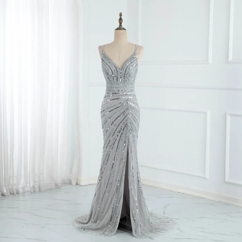 Silver Rhinestones Beaded Long Prom Dresses Spaghetti Tulle Backless Party Dance Pageant Gown Competition Robe De Soiree