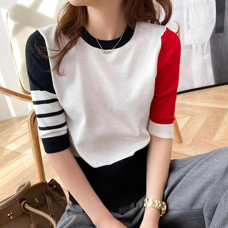 Short-sleeved  new women\'s summer trend design sense knitted cotton four-grid T-shirt top trendy loose