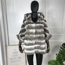 Real Chinchilla Rex Rabbit Fur Coat Women Winter Short natural Rex Rabbit Fur Jacket Warm Thick Coat With Hood