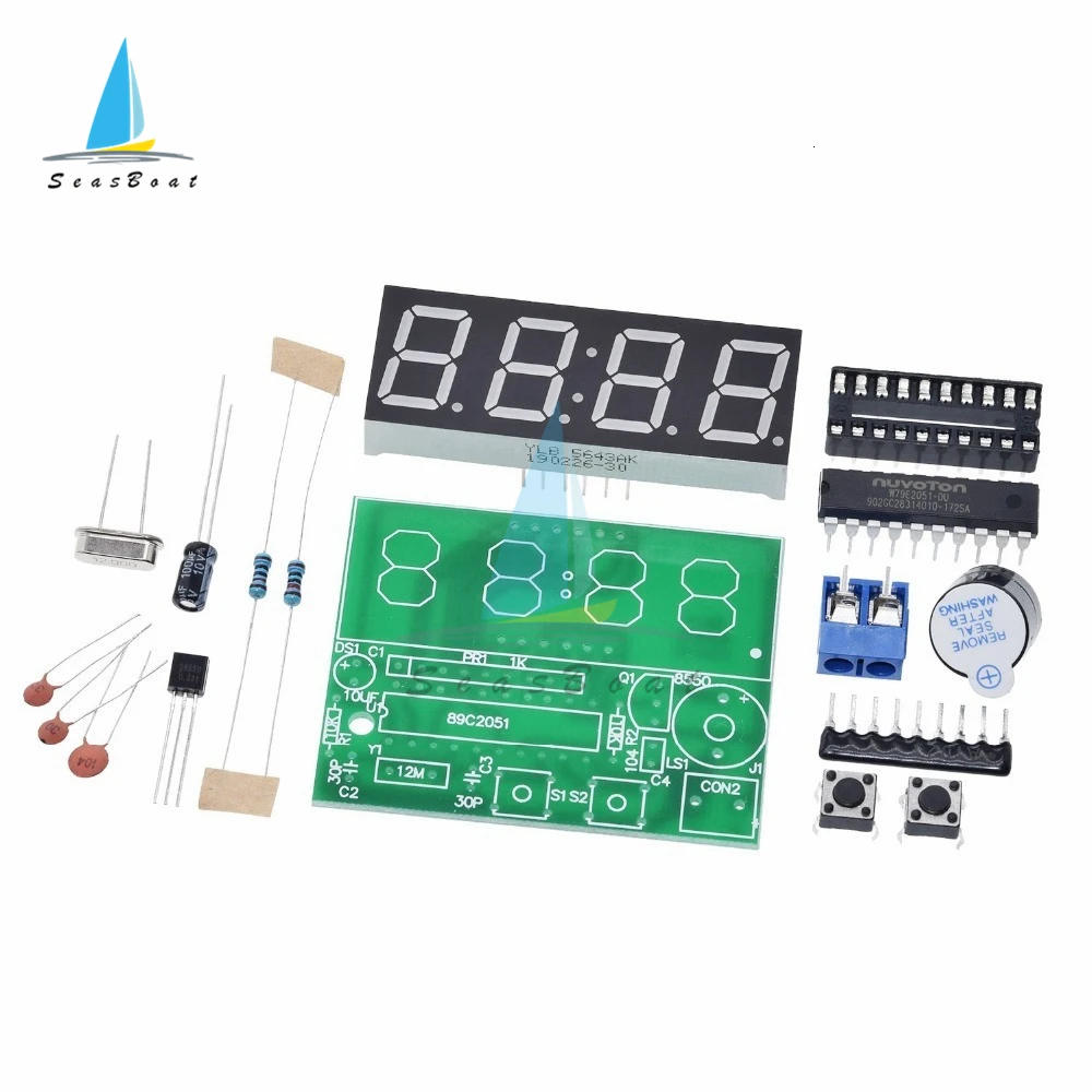 AT89C2051 Digital LED Display 4 Bits Electronic Clock Electronic Production Suite DIY Kit 0.56 Inch Red LED Two Alarm Function