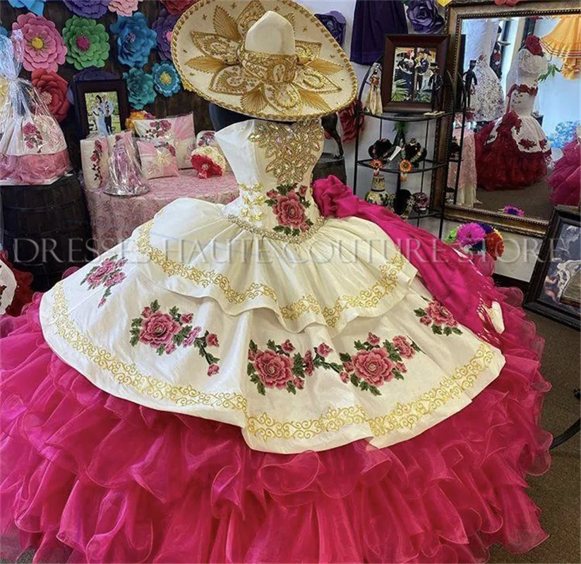 Amazing Hot Pink Sweetheart Bodice Medallions 3D Floral Applique Embroidery Tiered Skirt Charro Quinceanera Ball Gown Customized