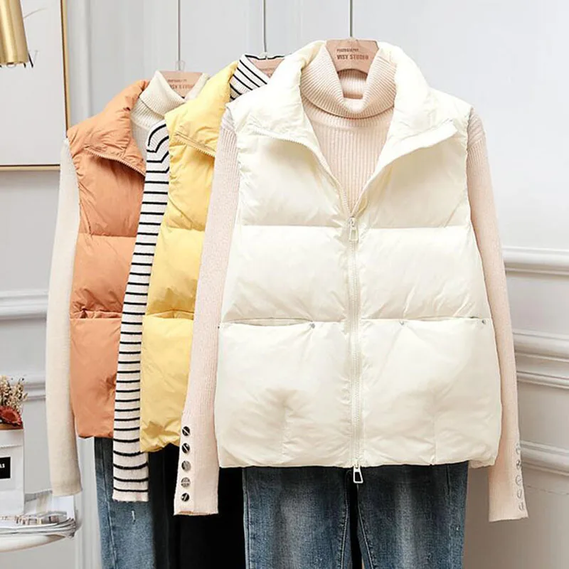 

Women's Autumn Short White Duck Down Vest Stand Collar Fashion Loose Down Puffer Jacket Fashion Winter Waistcoat Coat Femme