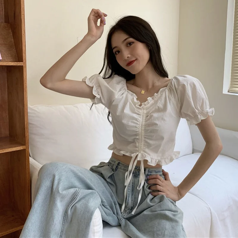 Blouses Women Crop Top Shirring V-Neck Trendy Design New Slim Tender Temperament Summer Short Sleeve Lady Pure All-match College