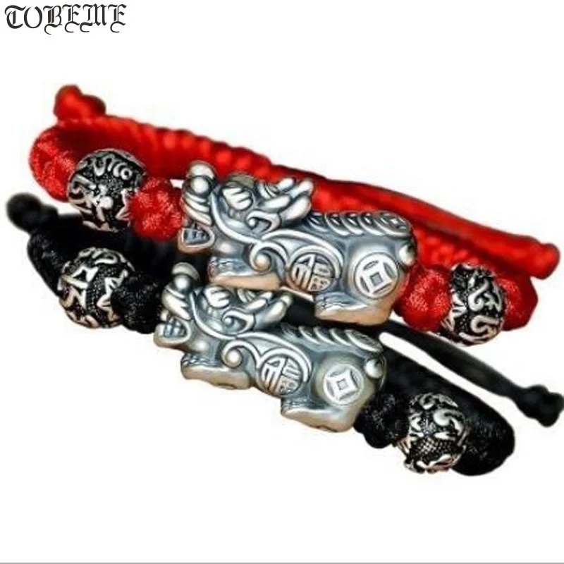 

Handmade 999 Silver Pixiu Bracelet 3D Silver Fengshui Wealth Pixiu Beaded Bracelet Tibetan Braided OM Beads Bracelet Good Luck