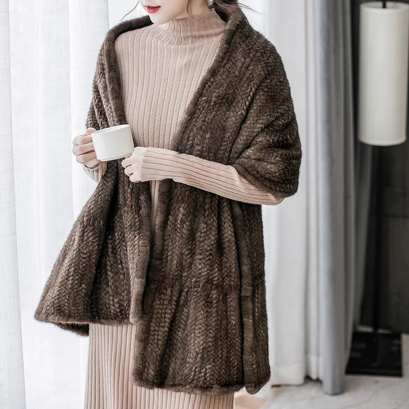 Besfilin Genuine  Mink Furs Big Shawl for Women, High-grade Knitted Scarf, Hand Woven, Versatile Keep Warm, Winter and Autumn