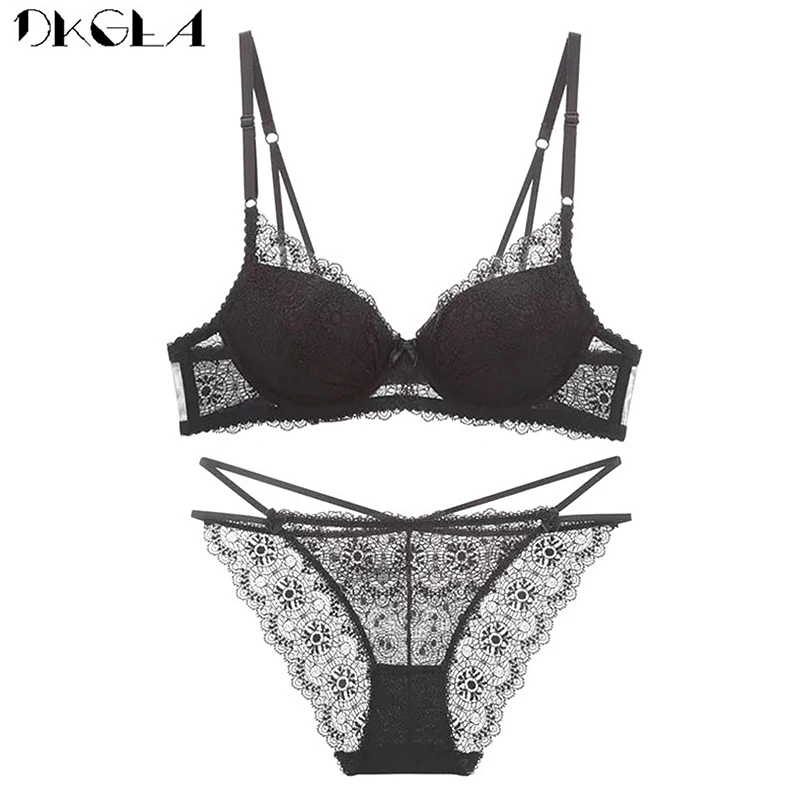 New Super Gather Brassiere Thick Black Women Bra Set Push Up Cotton Underwear Set Sexy Bras Deep V Embroidery Lingerie Sets Lace