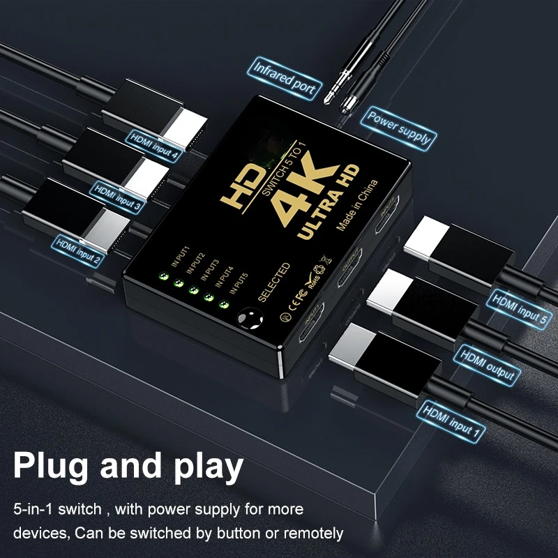 Conmutador compatible con HDMI 5 en 1, salida 4K30Hz con control remoto, compatible con HDMI, conmutador de vídeo HD 5 en 1 y 1 en salida