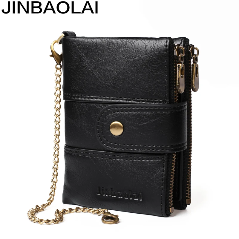 

JINBAOLAI New Wallet Men Leather Vintage Chain Wallet Zip Coin Purse Credit Card Wallet Brand Designer Men Wallets Portemonnee