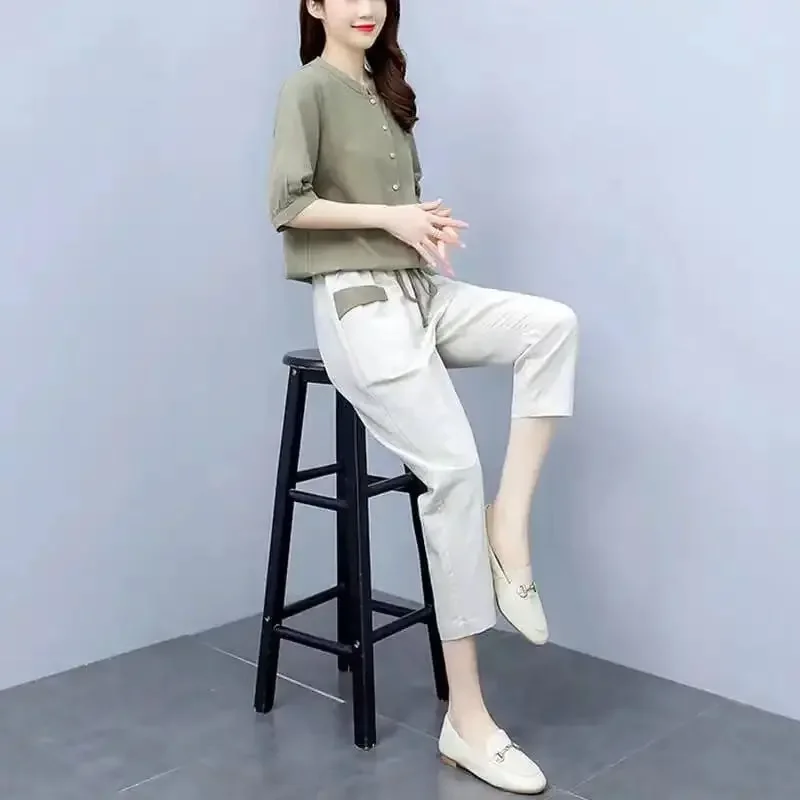 One-Piece/Suit Cotton Linen Women 2025 New Women's Short-Sleeved Shirt Nine-Point Pants Two-Piece Female Top Set  L658