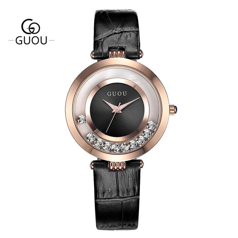 Guou Gold Plated Women Watches Red Dial Rhinestone Waterproof Female Clock Watch Leather Strap Simple Ladies Wristwatches Girls