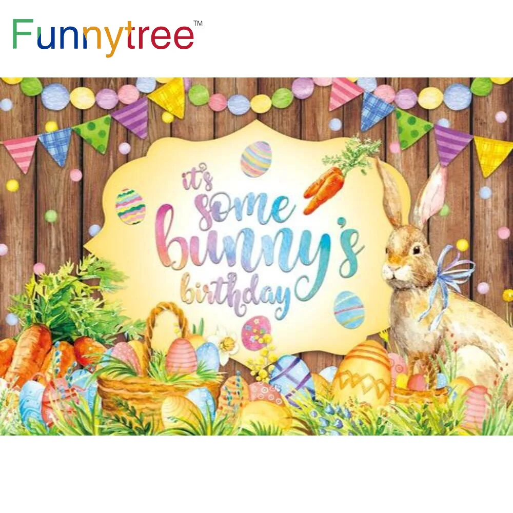 

Funnytree Birthday Backdrop Easter Colorful Eggs Rabbit Wood Baby Shower Party Supplies Background Decor Banner Photo Booth Prop