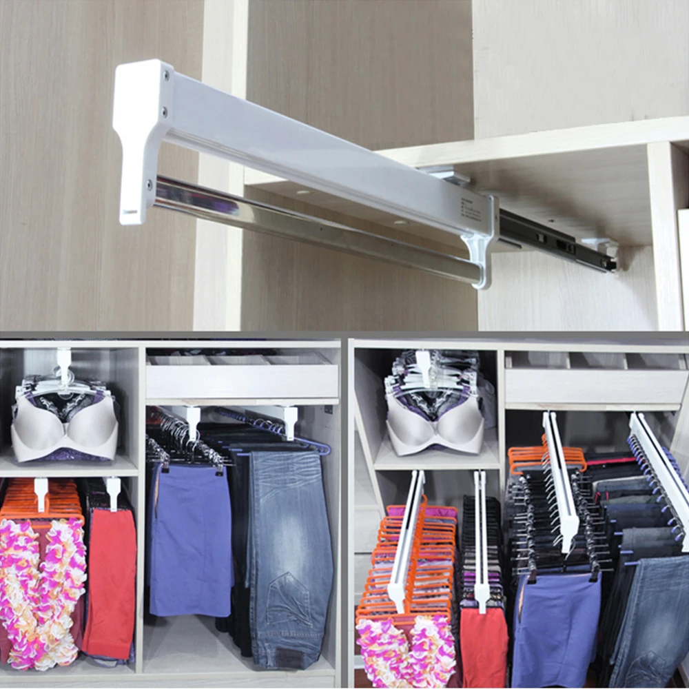 

Pull-Out Closet Valet Rod Adjustable Wardrobe Clothing Rail Top Mount Wardrobe Hanger Rack Bar Ball Bearing Slide Heavy Duty