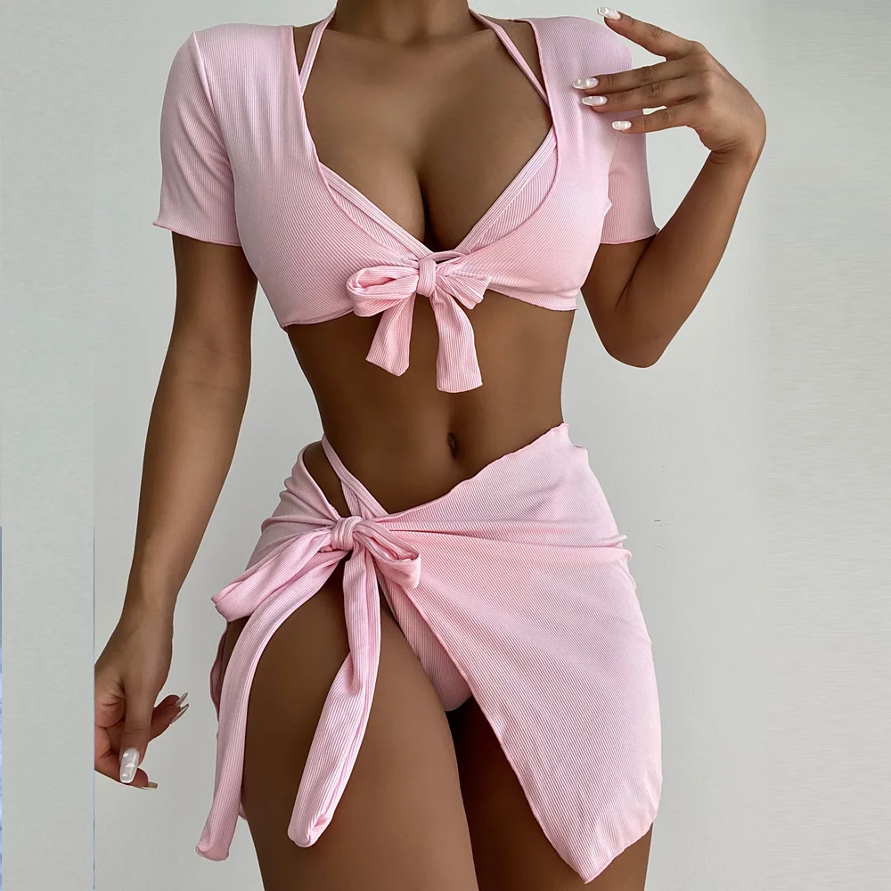 Vigocasey laranja 4 pçs/set roupa de banho feminina sexy cintura alta pescoço conjunto biquíni 2025 maiô manga curta amarrada maiô swim wear