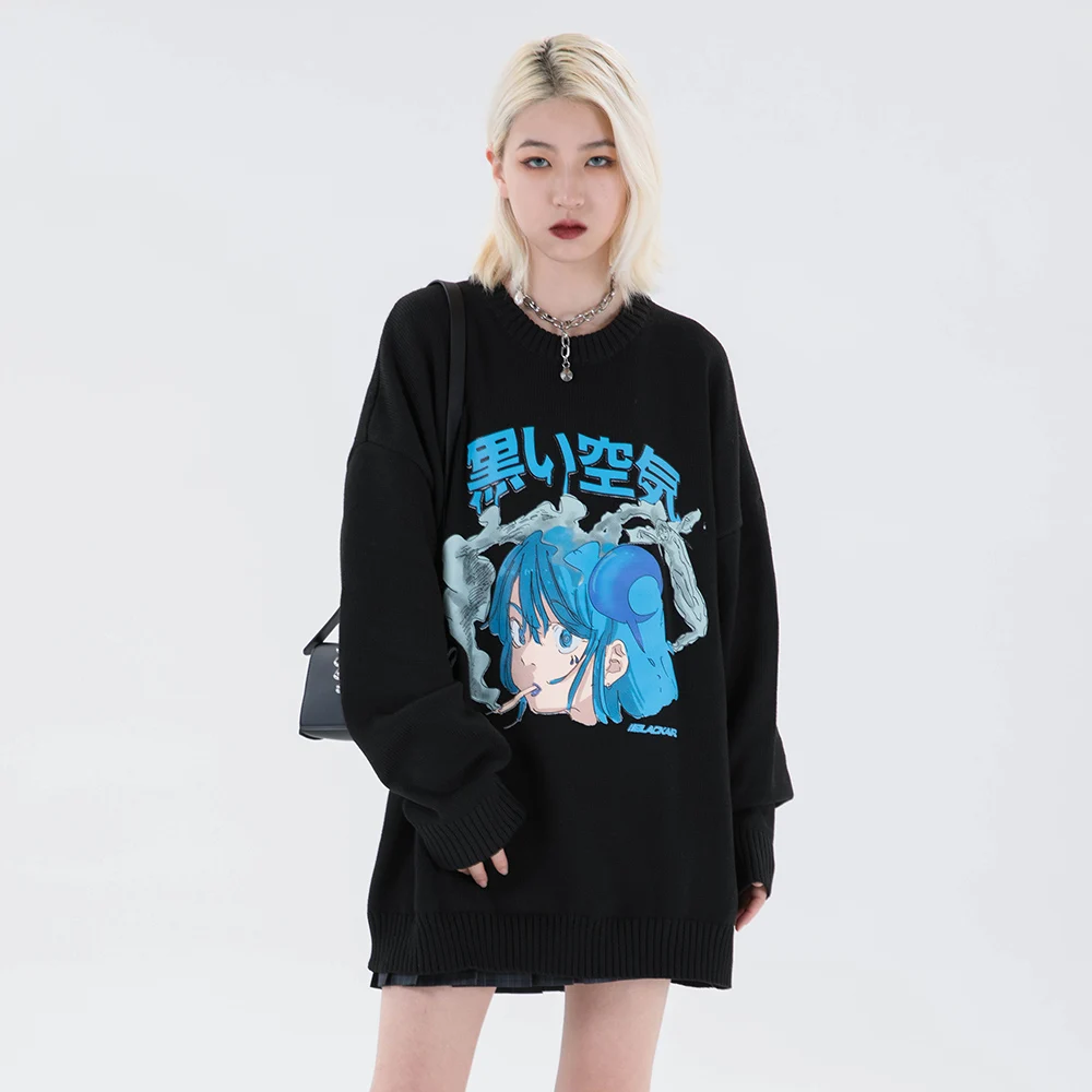 

Harajuku Japanese Kawaii Cartoon Winter Clothes Women New Oversized Blue Sweaters Long Sleeve Top Clothing Fashion Streetwear