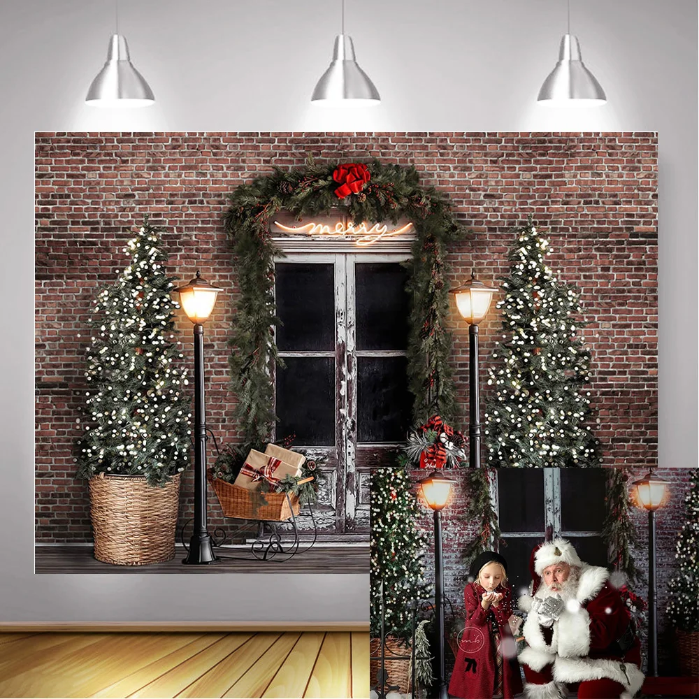

Christmas Photography Backdrop Xmas Brick Wall Winter Children Portrait Photo Background Christmas Tree Vintage Door Photocall