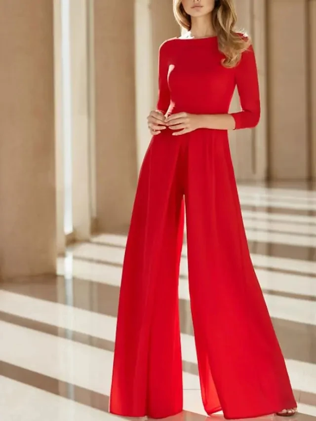 Overalls Abend Party Kleid 2022 Red Jewel Bodenlangen Chiffon 3/4 Hülse Pageant Abendkleid Vestidos Robe De Soiree