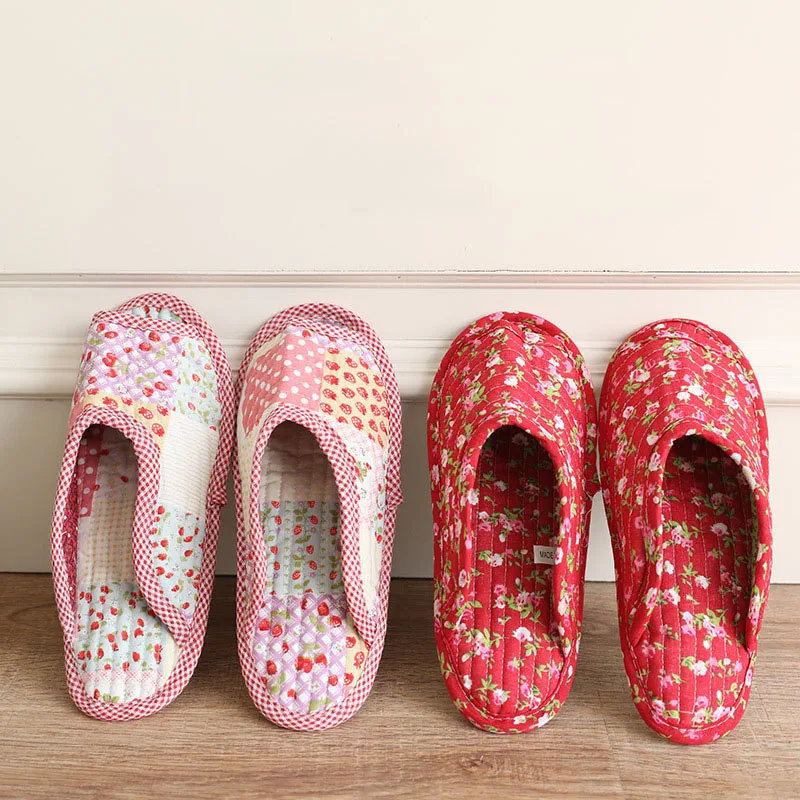 Women Indoor Slippers Spring Autumn Soft Cotton Japanese Toe Sole Slippers Ladies Flip Flop Vintage Floral Home Bedroom Slippers