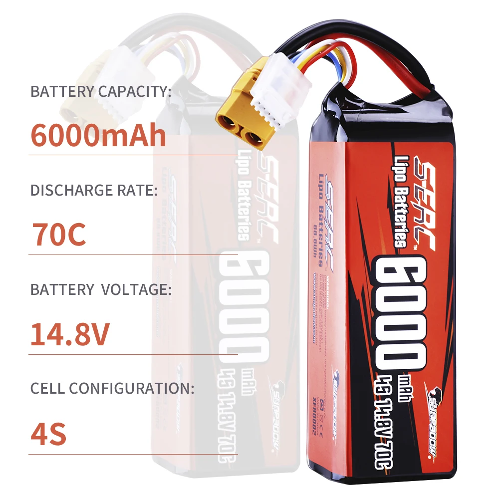 Sunpadow 4S Lipo Battery for 6000mAh 7300Ah 70C 14.8V with XT90 Plug Connector For RC Car Truck Tank Truggy Vehicle Buggy Hobby