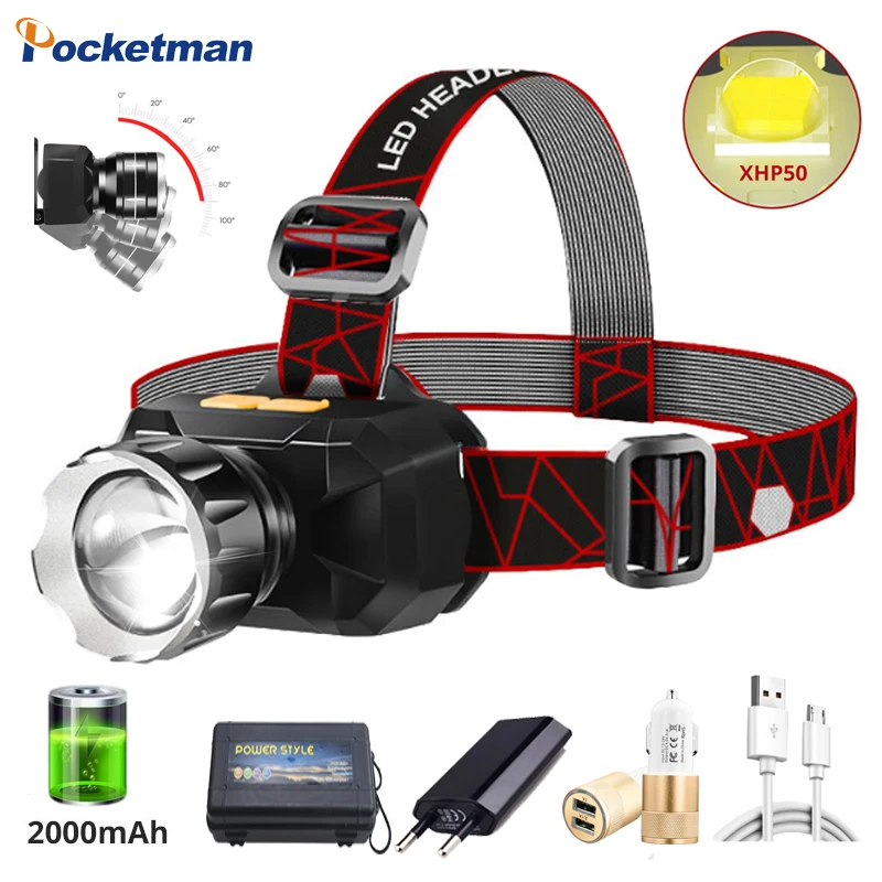 Powerful XHP50.2 LED Headlamp Waterproof Fishing Camping Lantern Torch Rechargeable 18650 Headlight 3 Modes Zoom Head Flashlight