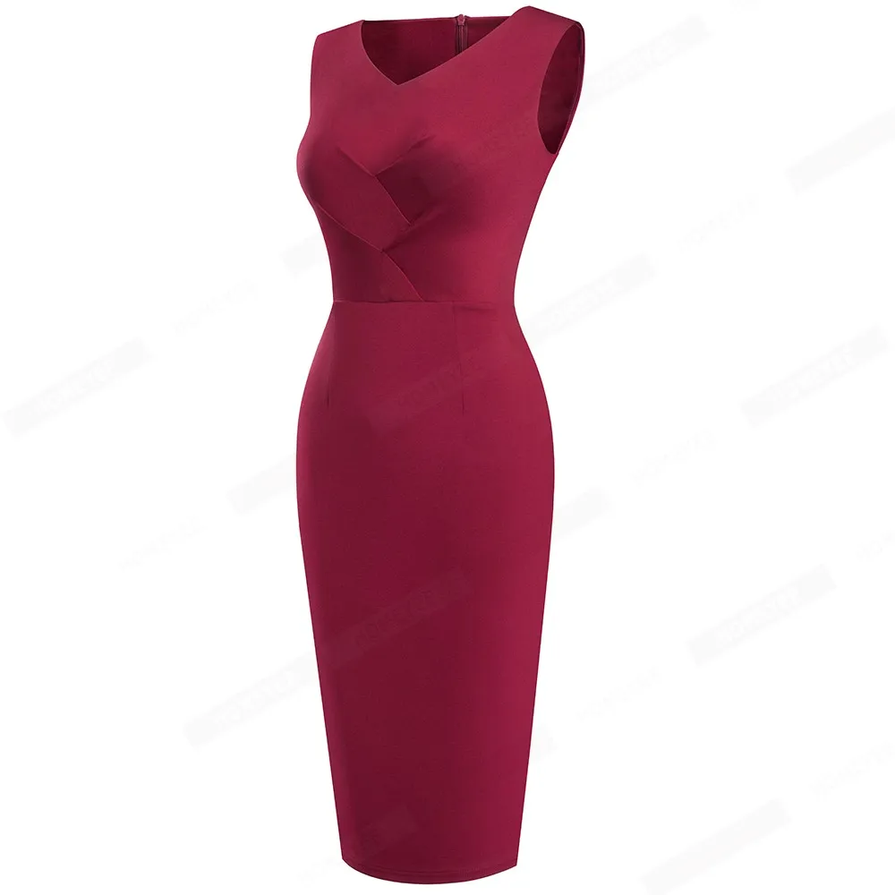 Summer Women Classy Solid Color Sleeveless Dresses Formal Business Elegant Vintage Bodycon Dress EB630